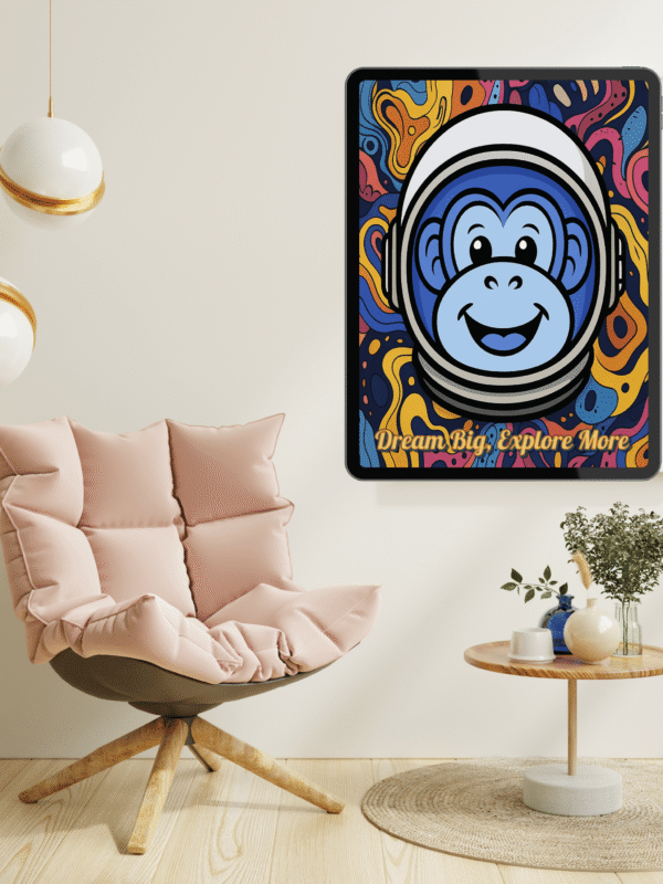 Main image of 'Dream Big Astronaut Wall Art' featuring a cosmic monkey in space, highlighting its vibrant colors and inspirational text.