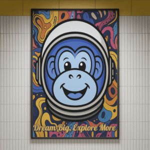Main image of 'Dream Big Astronaut Wall Art' featuring a cosmic monkey in space, highlighting its vibrant colors and inspirational text.