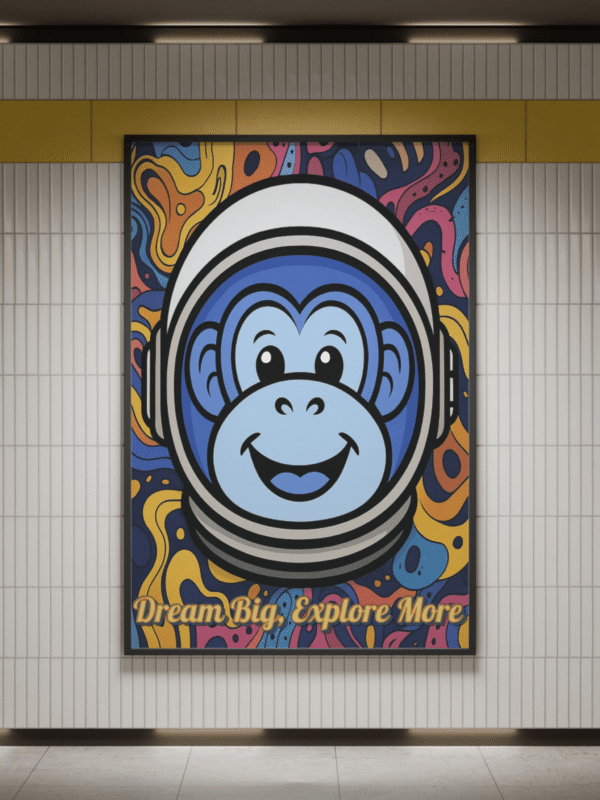 Main image of 'Dream Big Astronaut Wall Art' featuring a cosmic monkey in space, highlighting its vibrant colors and inspirational text.