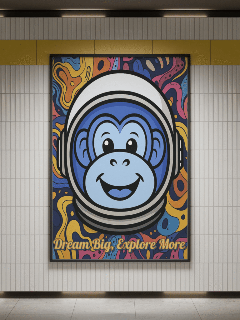 Main image of 'Dream Big Astronaut Wall Art' featuring a cosmic monkey in space, highlighting its vibrant colors and inspirational text.