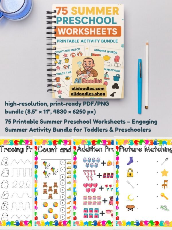 Spiral-bound notebook mockup featuring the 75 Summer Preschool Worksheets printable activity bundle, with colorful educational pages for kids, pens, and a pencil on a flat lay background.