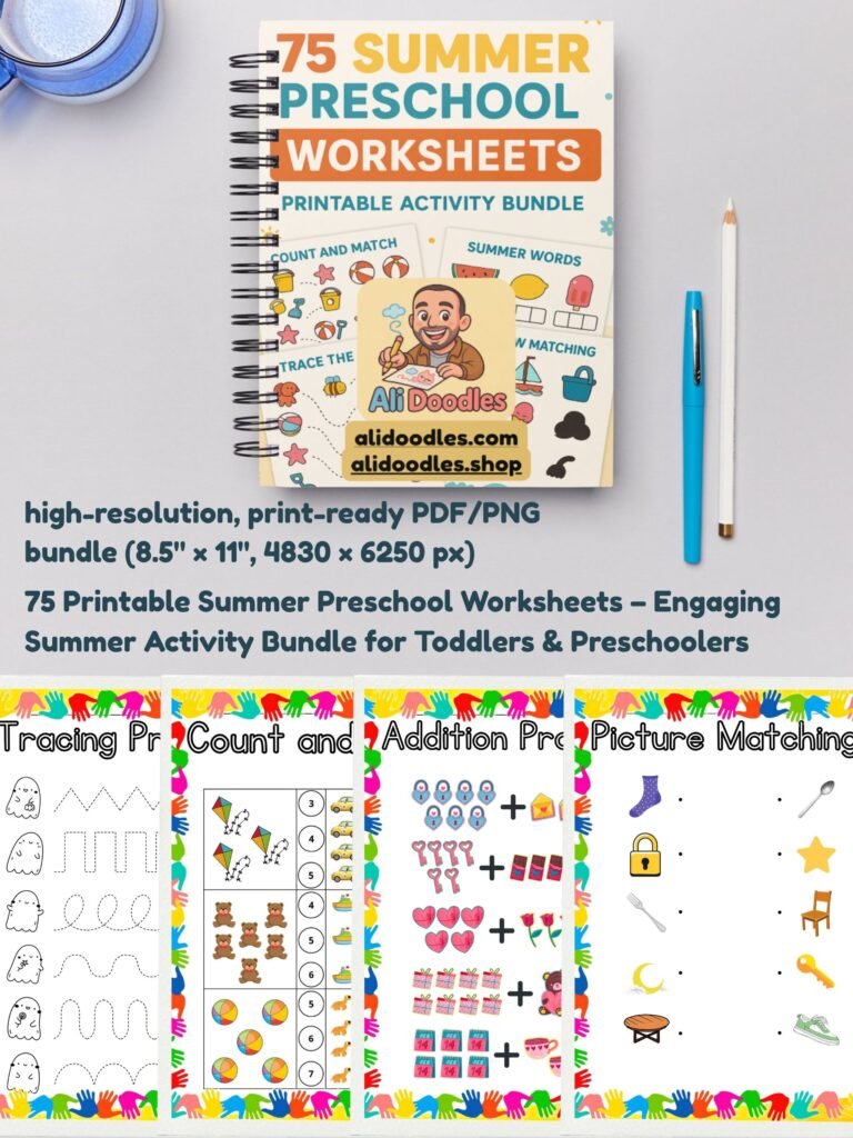 Spiral-bound notebook mockup featuring the 75 Summer Preschool Worksheets printable activity bundle, with colorful educational pages for kids, pens, and a pencil on a flat lay background.