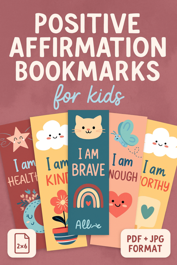Stack of six hand-drawn affirmation bookmarks with phrases like "I am Brave" and "I am Enough," displayed on a warm mauve background to promote kids’ self-esteem and mindfulness.