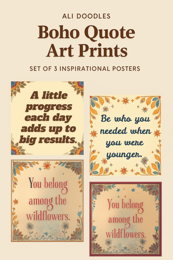 Detailed view of three boho quote prints with floral illustrations and empowering messages, arranged vertically for product display.