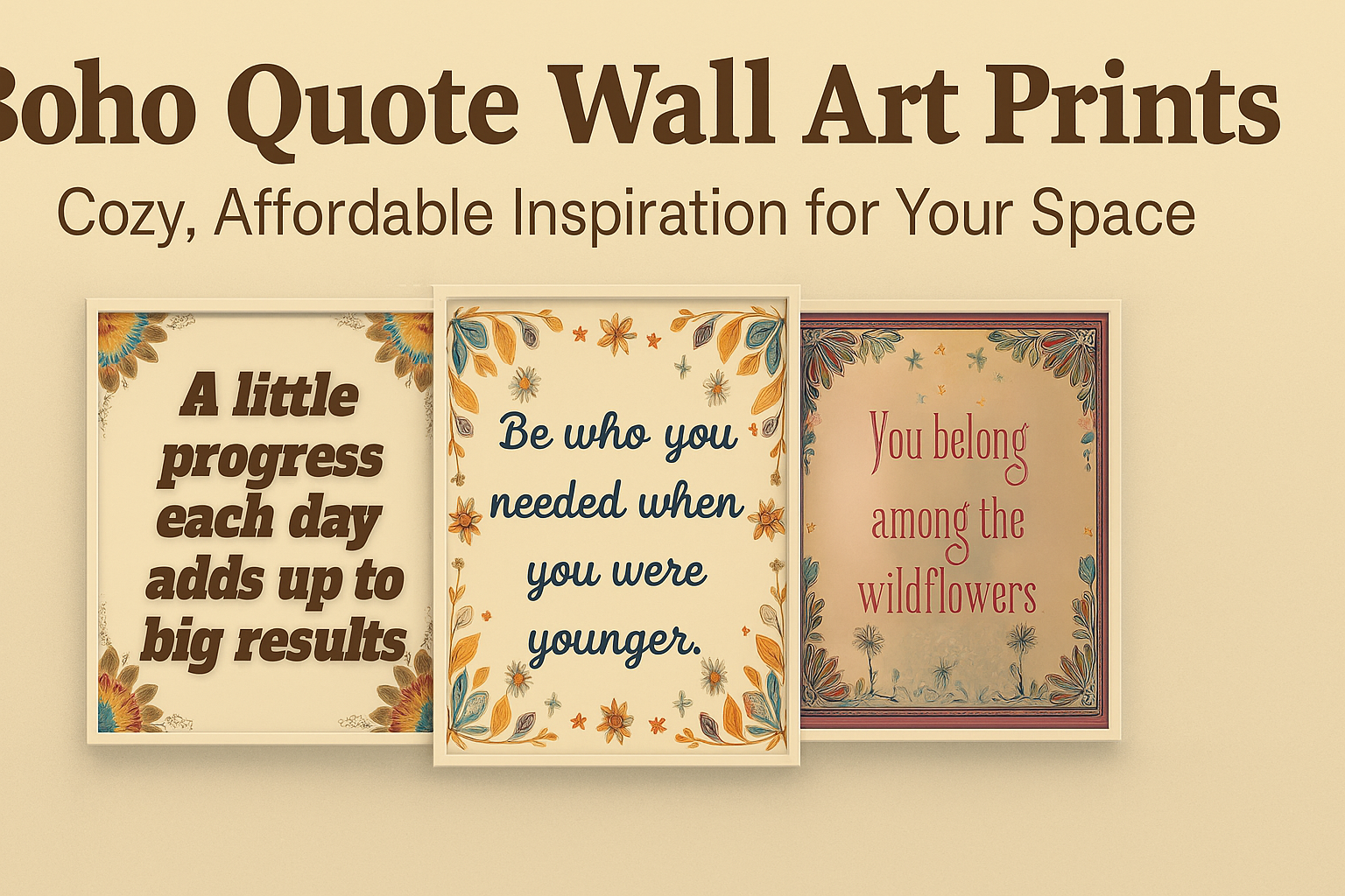 Featured image showcasing three printable boho-style quote posters with warm floral designs and inspirational messages. Ideal for cozy, aesthetic home or dorm decor.