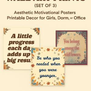 Main product image showing a set of 3 printable boho-style motivational quote posters with warm floral designs, ideal for dorm or home decor.