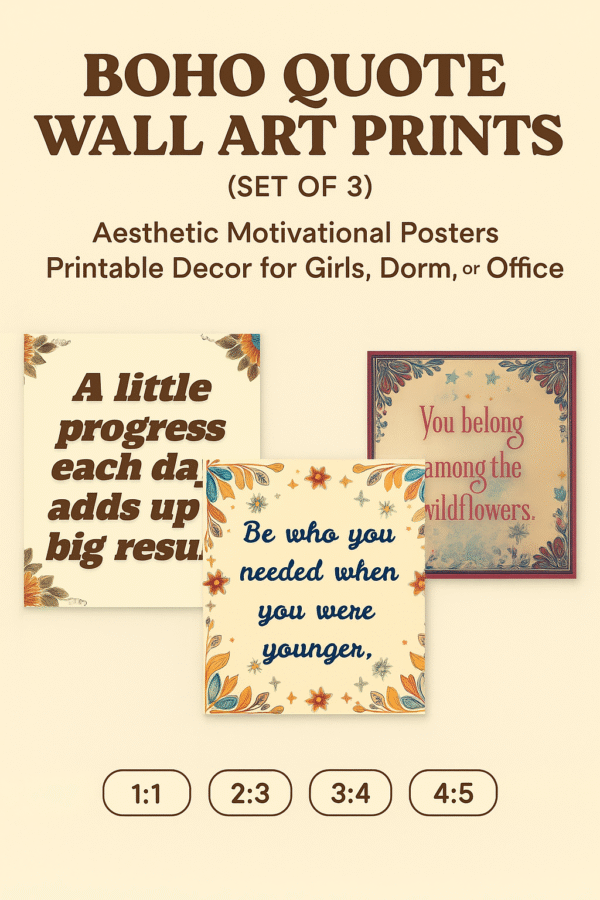 Main product image showing a set of 3 printable boho-style motivational quote posters with warm floral designs, ideal for dorm or home decor.