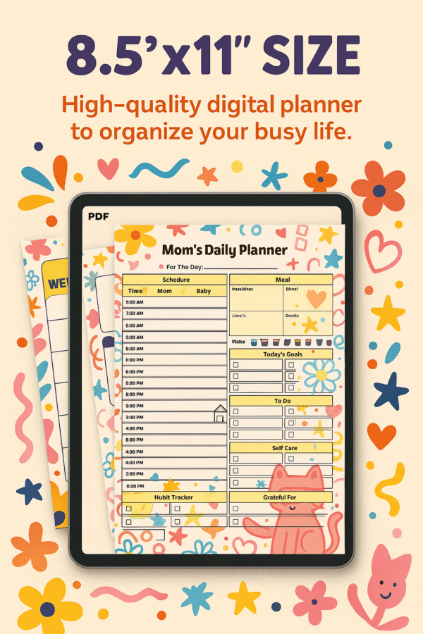 Informational visual describing the dimensions, format, and benefits of the printable 456-page Mom Planner, designed for busy moms to stay organized
