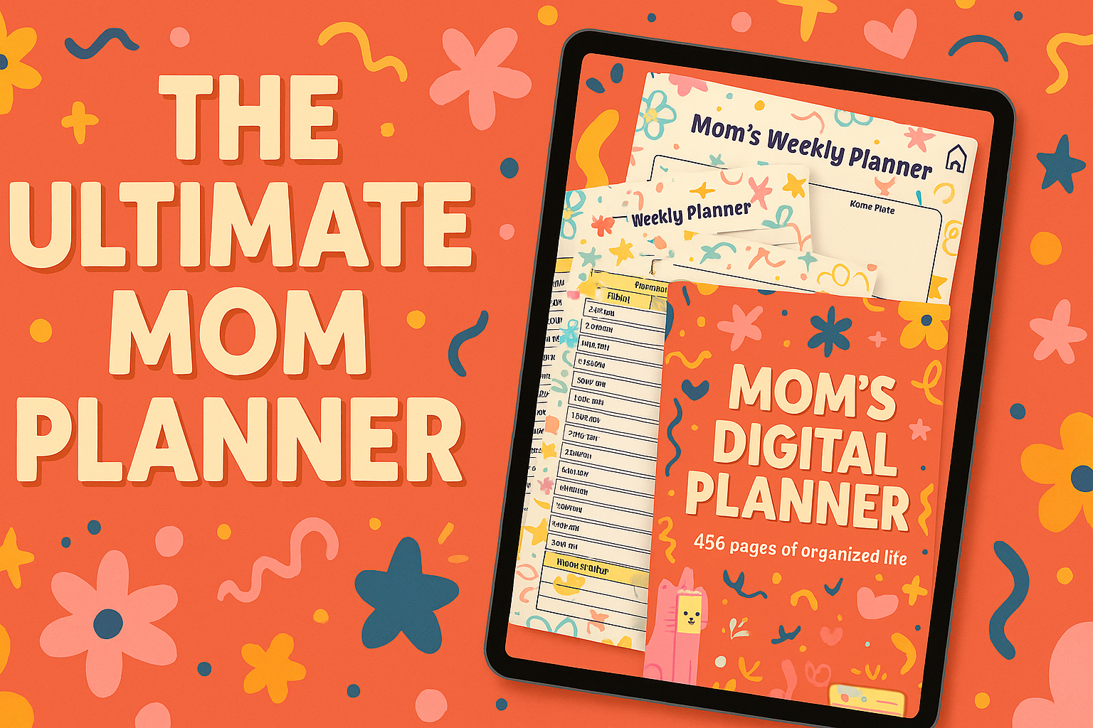 Colorful promotional image showcasing the Ultimate Digital Mom Planner with bold typography and playful illustrations, designed to attract busy moms seeking organization tools.