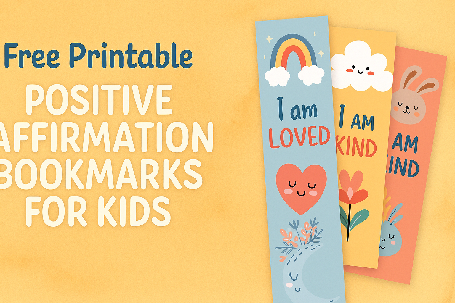 Featured blog image showing three colorful affirmation bookmarks for kids with phrases like “I am Loved” and “I am Kind” on a soft yellow background.