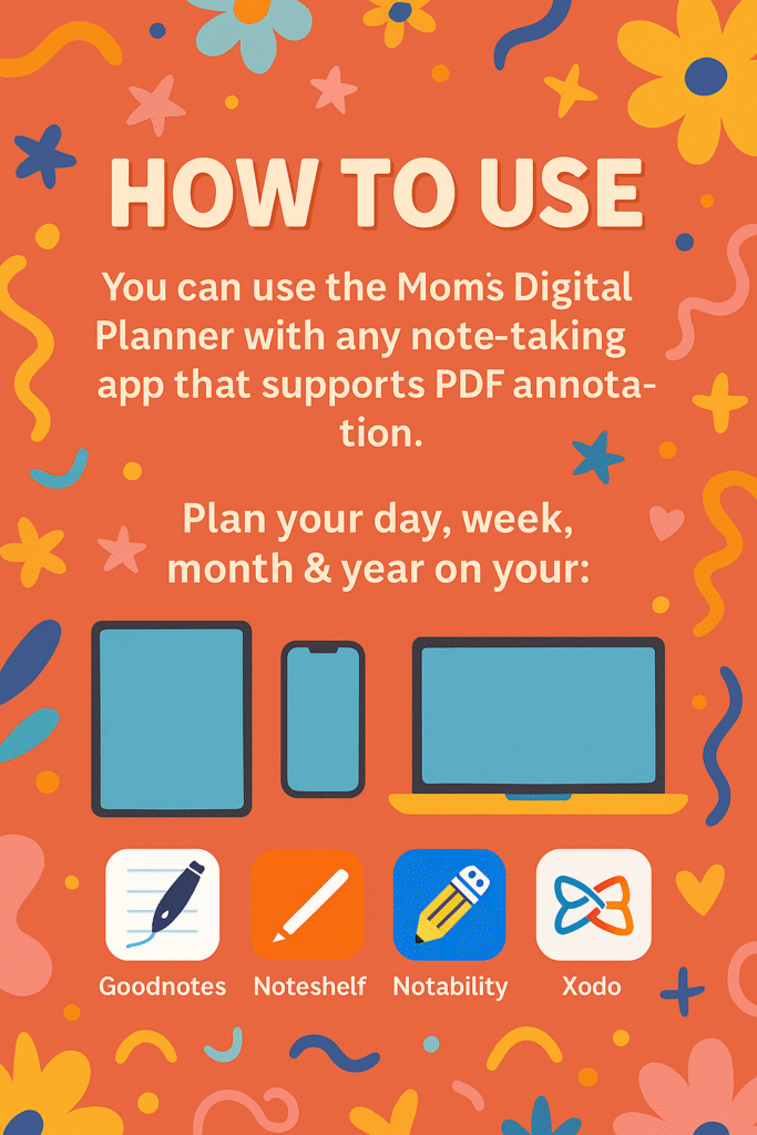Instructional graphic explaining how to use the Digital Mom Planner on tablet apps like GoodNotes and Notability, with icons of supported devices