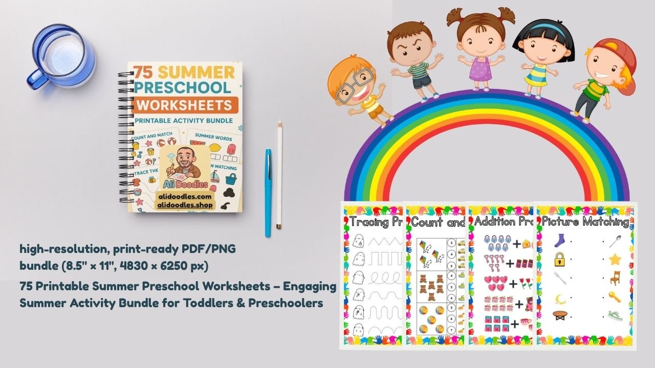 Illustration of happy children engaging in fun summer learning activities using printable preschool worksheets, surrounded by colorful summer-themed decorations and educational materials.