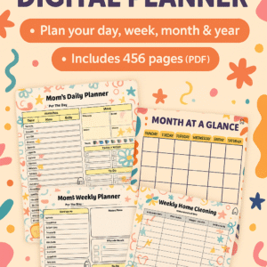 Promotional image showcasing features of the Mom's Digital Planner including daily, weekly, and monthly layouts in a colorful, family-friendly style