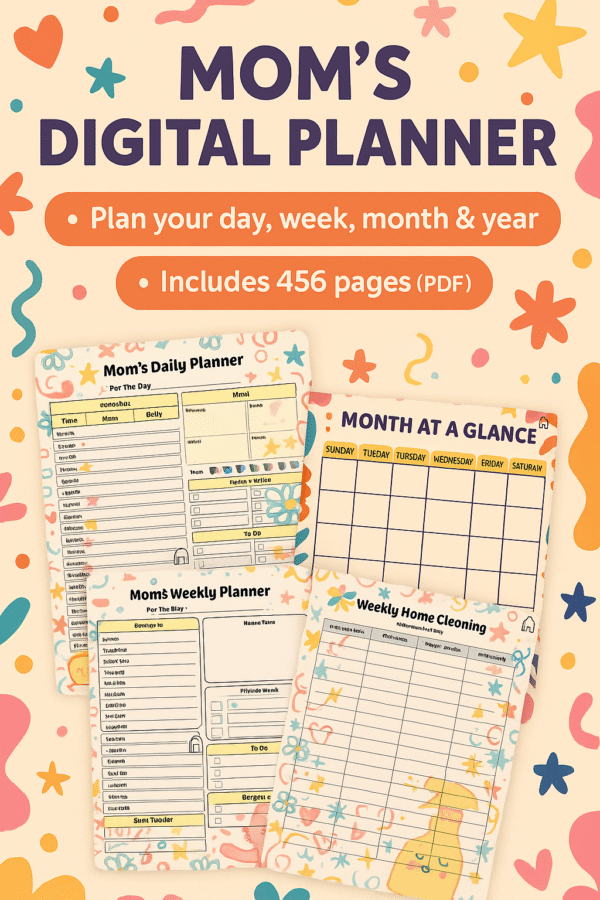 Promotional image showcasing features of the Mom's Digital Planner including daily, weekly, and monthly layouts in a colorful, family-friendly style