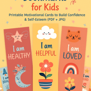Colorful product preview showing three printable affirmation bookmarks for kids with uplifting messages like "I am Healthy" and "I am Loved" in a whimsical doodle style on a yellow background.