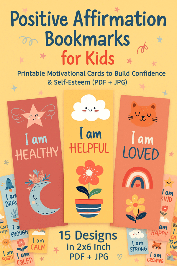 Colorful product preview showing three printable affirmation bookmarks for kids with uplifting messages like "I am Healthy" and "I am Loved" in a whimsical doodle style on a yellow background.
