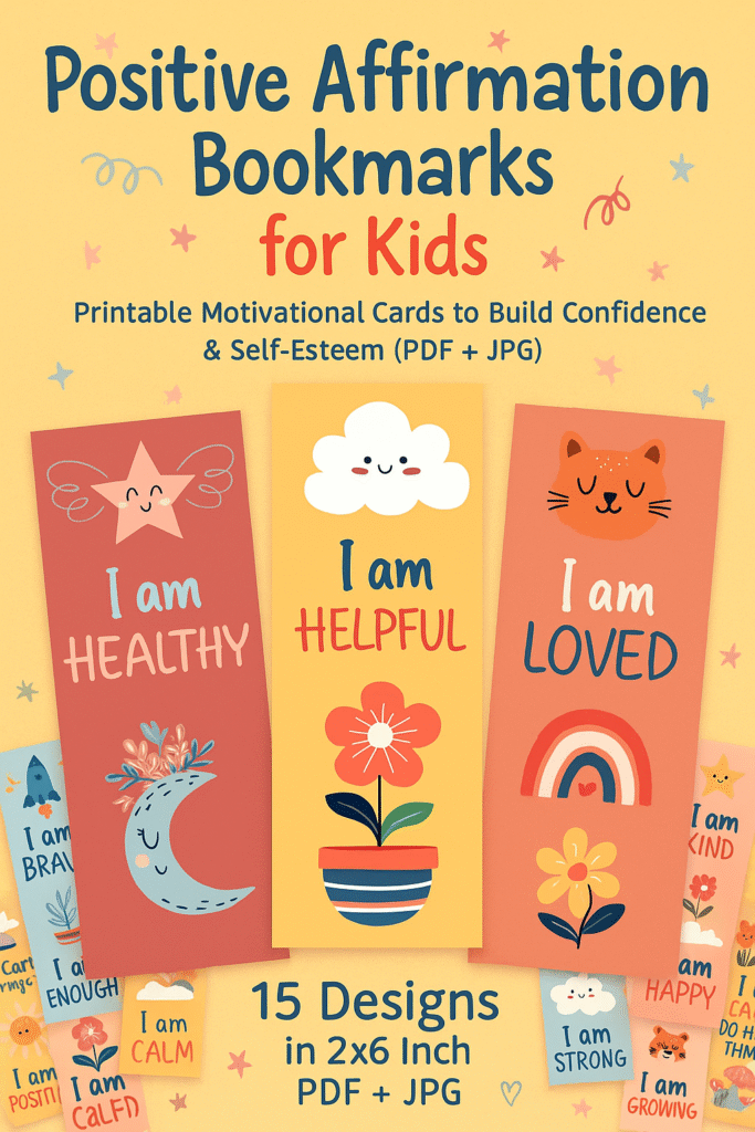 Colorful product preview showing three printable affirmation bookmarks for kids with uplifting messages like "I am Healthy" and "I am Loved" in a whimsical doodle style on a yellow background.