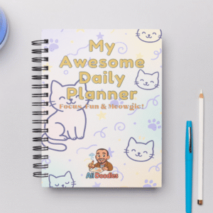 Cover image of the Printable ADHD Planner for Kids, featuring a playful cat theme and highlighting focus and routine management for children ages 6-12.