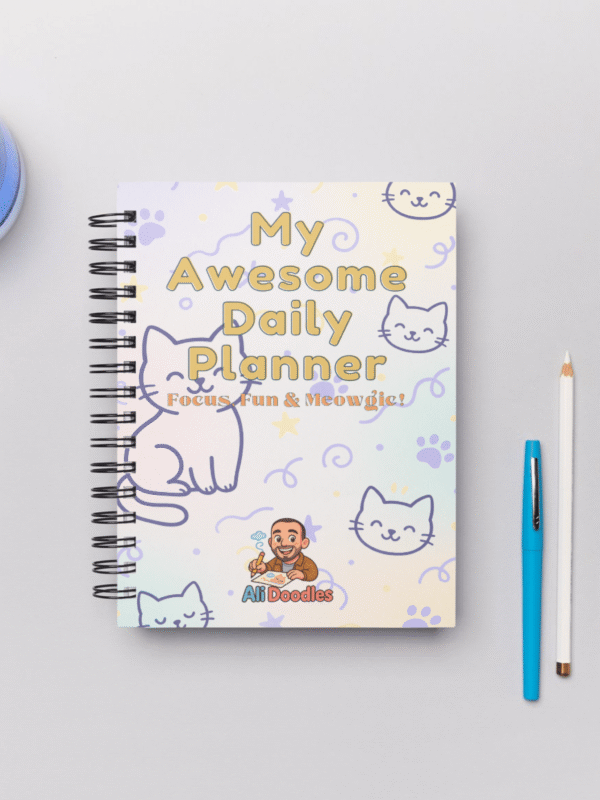 Cover image of the Printable ADHD Planner for Kids, featuring a playful cat theme and highlighting focus and routine management for children ages 6-12.