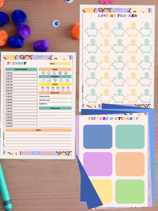 Example page from the ADHD planner illustrating mood and focus trackers, designed to help neurodivergent children with emotional regulation.