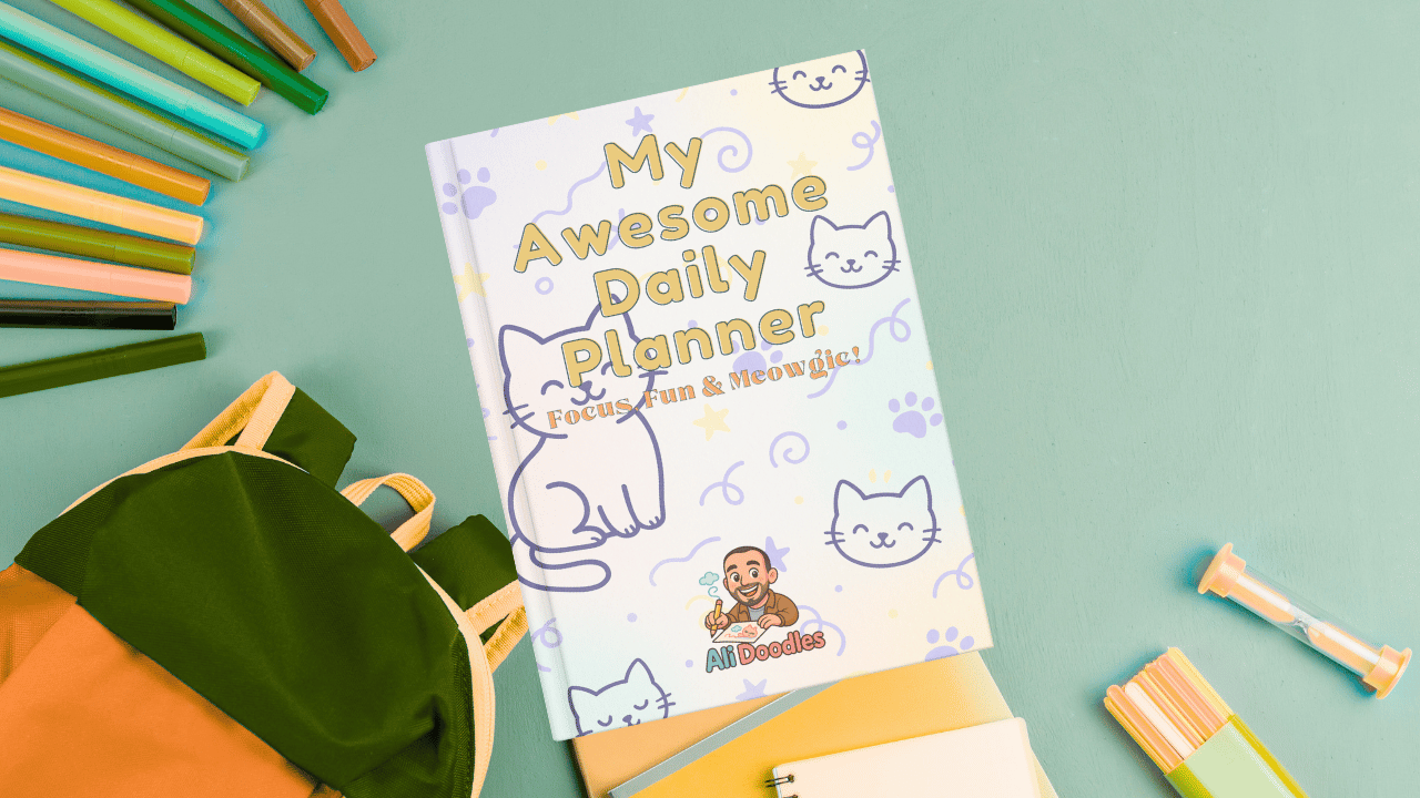 Cover image of the Printable ADHD Planner for Kids, featuring a playful cat theme and highlighting focus and routine management for children ages 6-12.