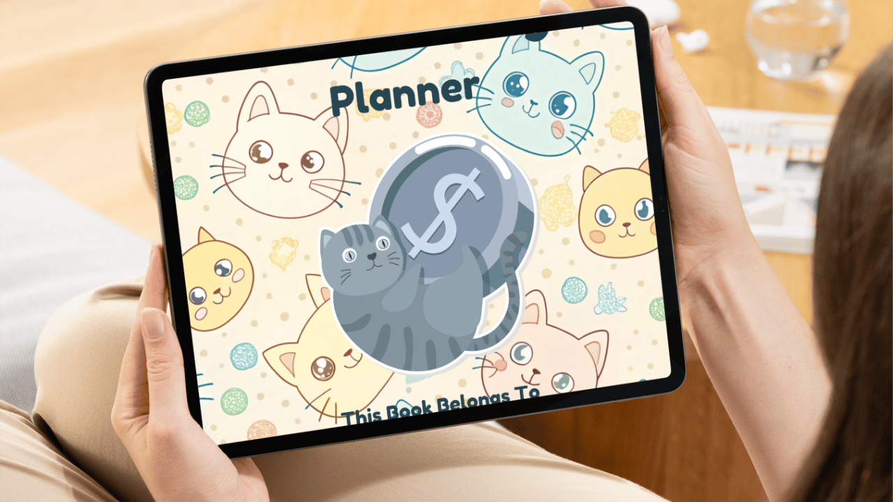 Debt and savings log pages from the editable cat-themed finance planner, designed to help users track financial goals.