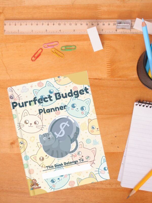 Debt and savings log pages from the editable cat-themed finance planner, designed to help users track financial goals.