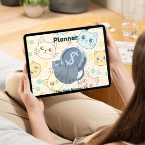 Purrfect Budget Planner cover with cute cat doodles, highlighting its editable and printable features for finance tracking.