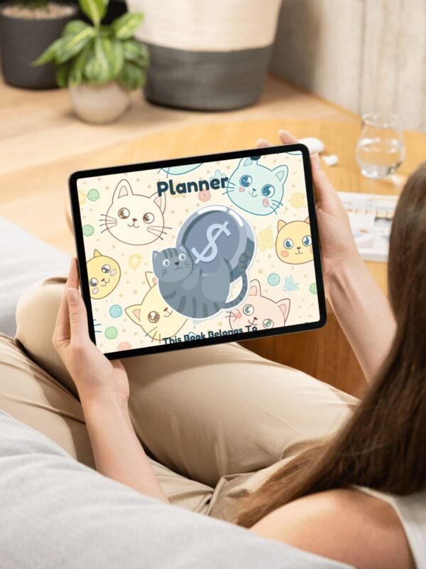 Purrfect Budget Planner cover with cute cat doodles, highlighting its editable and printable features for finance tracking.