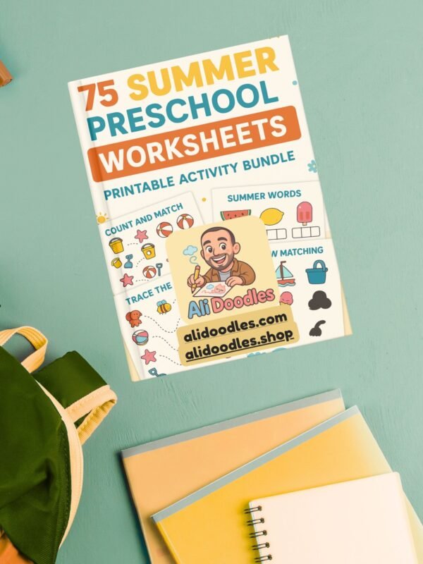 Four preview pages from the 75 Summer Preschool Worksheets bundle, including tracing, counting, addition, and picture matching worksheets, with colorful handprint borders for toddler and preschool learning.