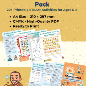 Cover image of the Summer STEAM Adventure Pack with colorful icons for science, math, and art, highlighting screen-free, hands-on learning for kids ages 6-8