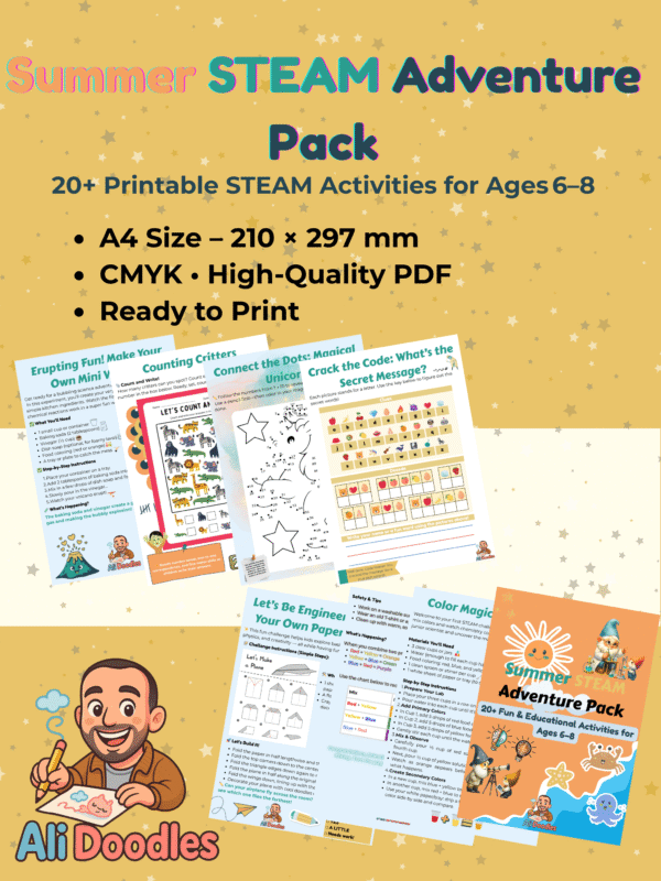 Cover image of the Summer STEAM Adventure Pack with colorful icons for science, math, and art, highlighting screen-free, hands-on learning for kids ages 6-8