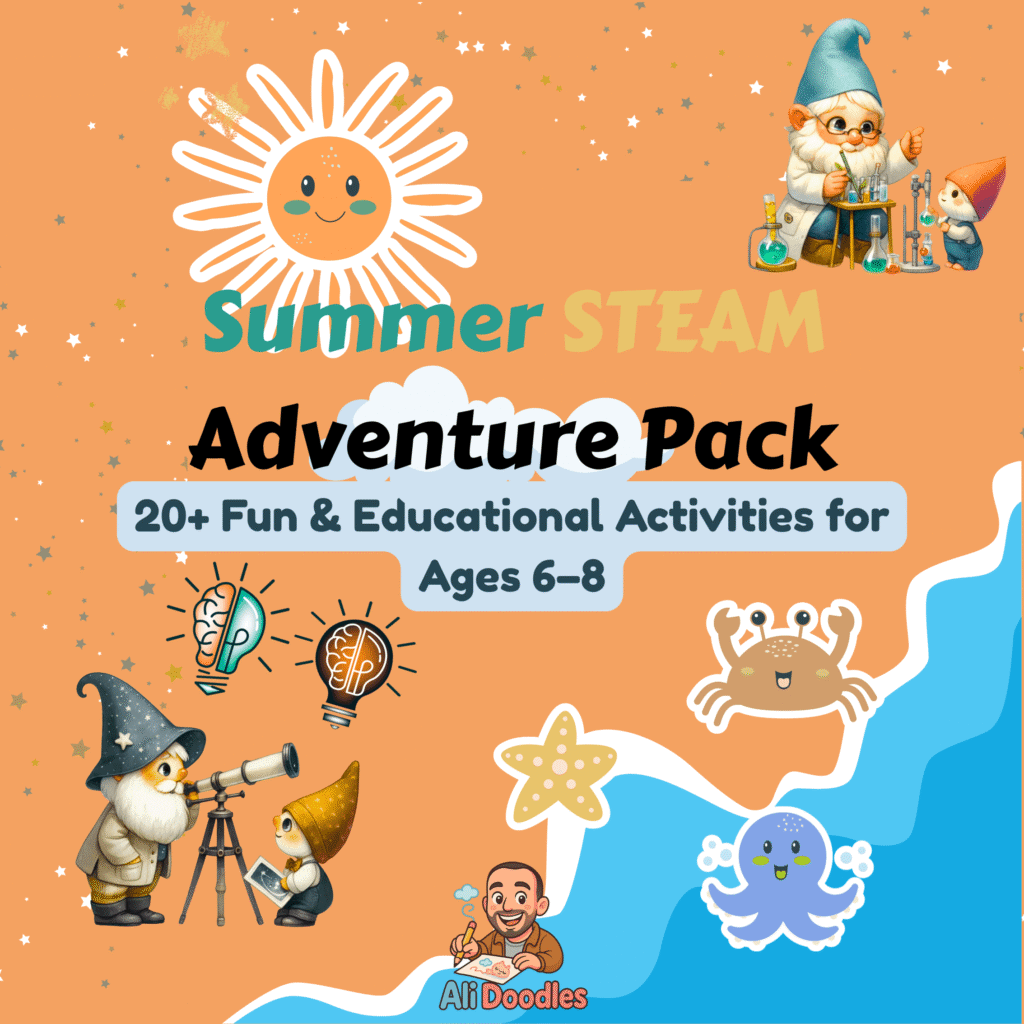 Art and math activity page from the Summer STEAM Adventure Pack (A4) combining creative drawing tasks with engaging math puzzles designed for 6–8-year-olds.