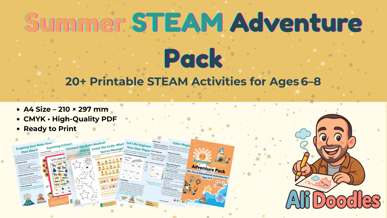 Cover of the Summer STEAM Adventure Pack (A4) featuring colorful illustrations representing Science, Technology, Engineering, Art, and Math activities for kids aged 6–8.