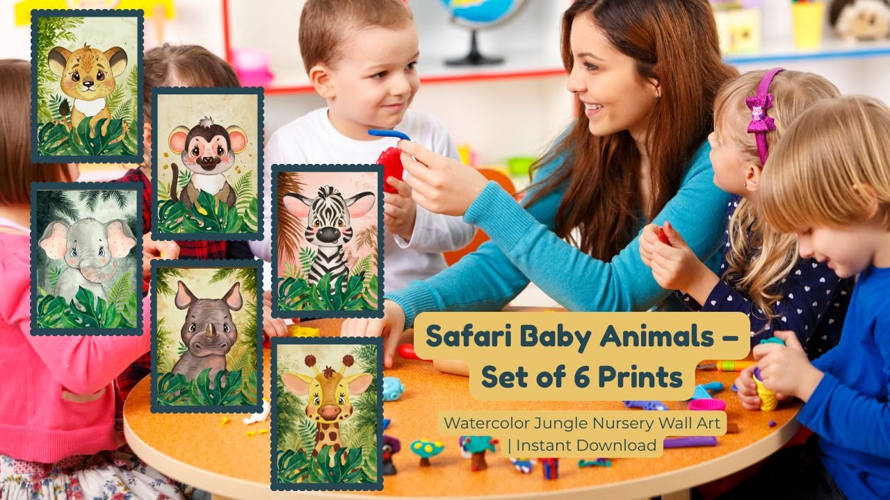 Nursery scene with young children interacting with their teacher in a bright, cozy space decorated with soft tones and playful elements — ideal for early childhood learning and comfort.