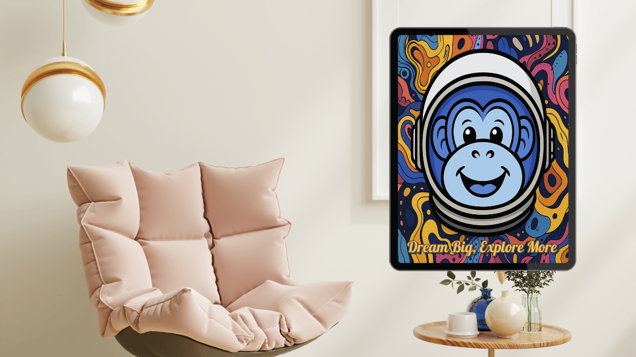 Main image of 'Dream Big Astronaut Wall Art' featuring a cosmic monkey in space, highlighting its vibrant colors and inspirational text.