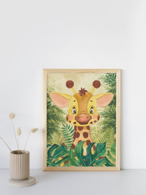 Framed watercolor illustration of a baby giraffe peeking through lush tropical leaves, displayed on a white shelf next to a ribbed vase with dried grasses.