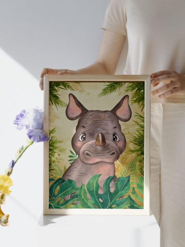 Person holding a framed watercolor illustration of a baby rhino amid green tropical leaves, with purple and yellow flowers positioned beside the frame.