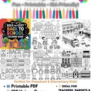 Colorful featured image showcasing '100 Bold & Easy Back to School Coloring Pages for Kids' with playful school-themed illustrations, printable PDF format, and key highlights like 100 pages, easy designs, and instant download.