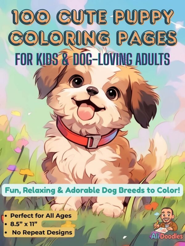 Cover page of a printable coloring book titled '100 Cute Puppy Coloring Pages' featuring playful dog illustrations for kids and adults, available in PDF and PNG formats
