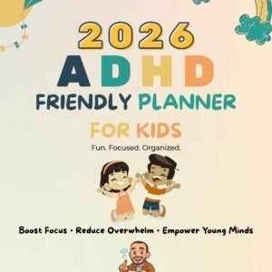 Colorful illustrated cover of the 2026 ADHD planner for kids with rainbow, kite, and happy children; designed to boost focus and reduce overwhelm.