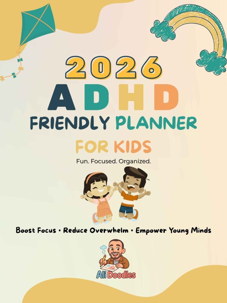 Colorful illustrated cover of the 2026 ADHD planner for kids with rainbow, kite, and happy children; designed to boost focus and reduce overwhelm.