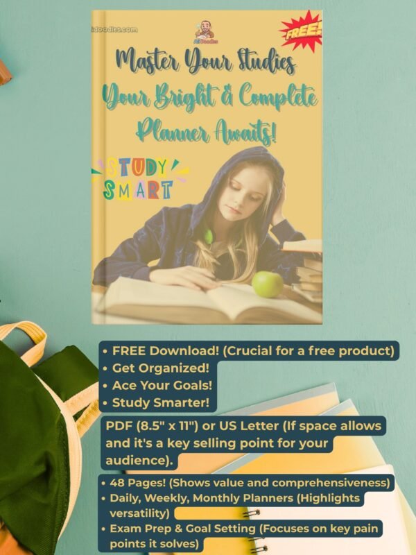 "Ali Doodle 'Master Your Studies' free bright study planner PDF cover featuring a student reading, with text highlighting 'FREE Download', 'Get Organized', '48 Pages', 'US Letter size', and 'Exam Prep & Goal Setting' features. Ideal for students needing a comprehensive digital and printable study organizer."
