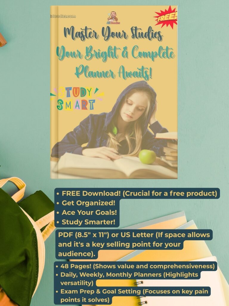"Ali Doodle 'Master Your Studies' free bright study planner PDF cover featuring a student reading, with text highlighting 'FREE Download', 'Get Organized', '48 Pages', 'US Letter size', and 'Exam Prep & Goal Setting' features. Ideal for students needing a comprehensive digital and printable study organizer."