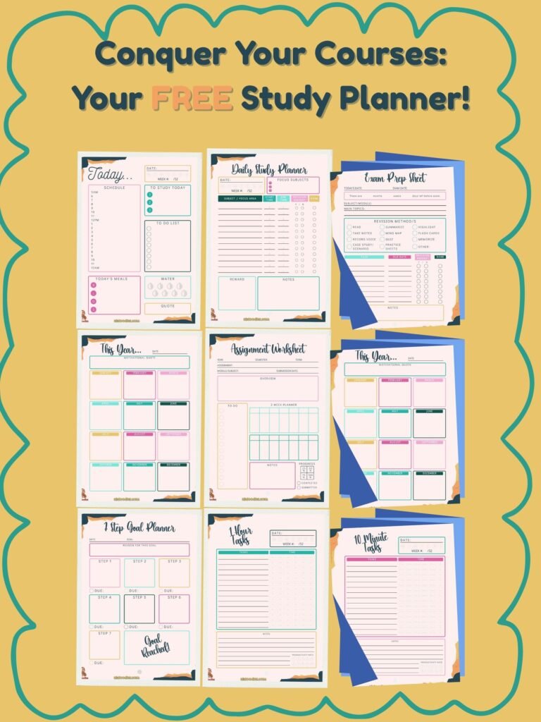 Collage of various inner pages from the Ali Doodle 'Conquer Your Courses' free bright study planner PDF, including daily study planner, exam prep sheet, assignment worksheet, 7-step goal planner, and task lists, showcasing the vibrant design and diverse planning tools for students