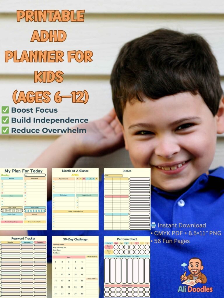 Smiling child next to printable 2026 ADHD planner for kids with page previews showing daily routine, goals, pet care, and habit tracker; includes CMYK PDF and PNG files.