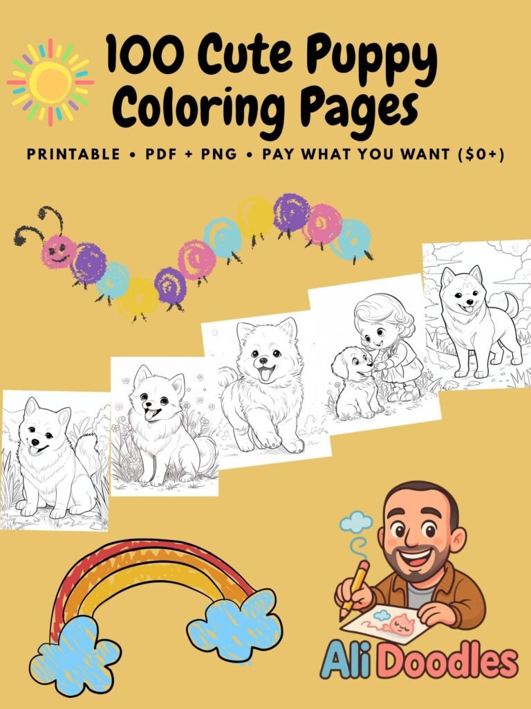 Featured image showcasing 100 cute puppy coloring pages for children and adults, with text overlay saying ‘Printable • PDF + PNG • Pay What You Want’ and preview thumbnails of dog illustrations