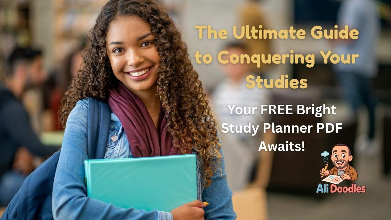 A smiling female student with curly hair and a backpack, holding a bright blue binder, stands in a university library setting. Text overlay reads 'The Ultimate Guide to Conquering Your Studies: Your FREE Bright Study Planner PDF Awaits!' with the Ali Doodles logo. This image represents organized academic success for students using a free printable study planner.