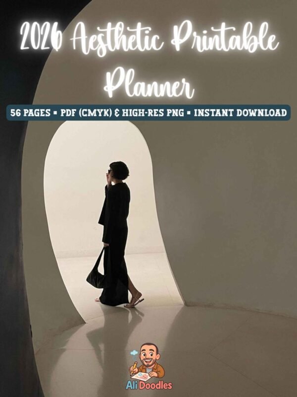 Minimalist lifestyle scene showing a person walking through an archway, overlaid text “2026 Aesthetic Printable Planner” and “56 Pages • PDF (CMYK) & High-Res PNG • Instant Download,” with Ali Doodles logo at bottom.