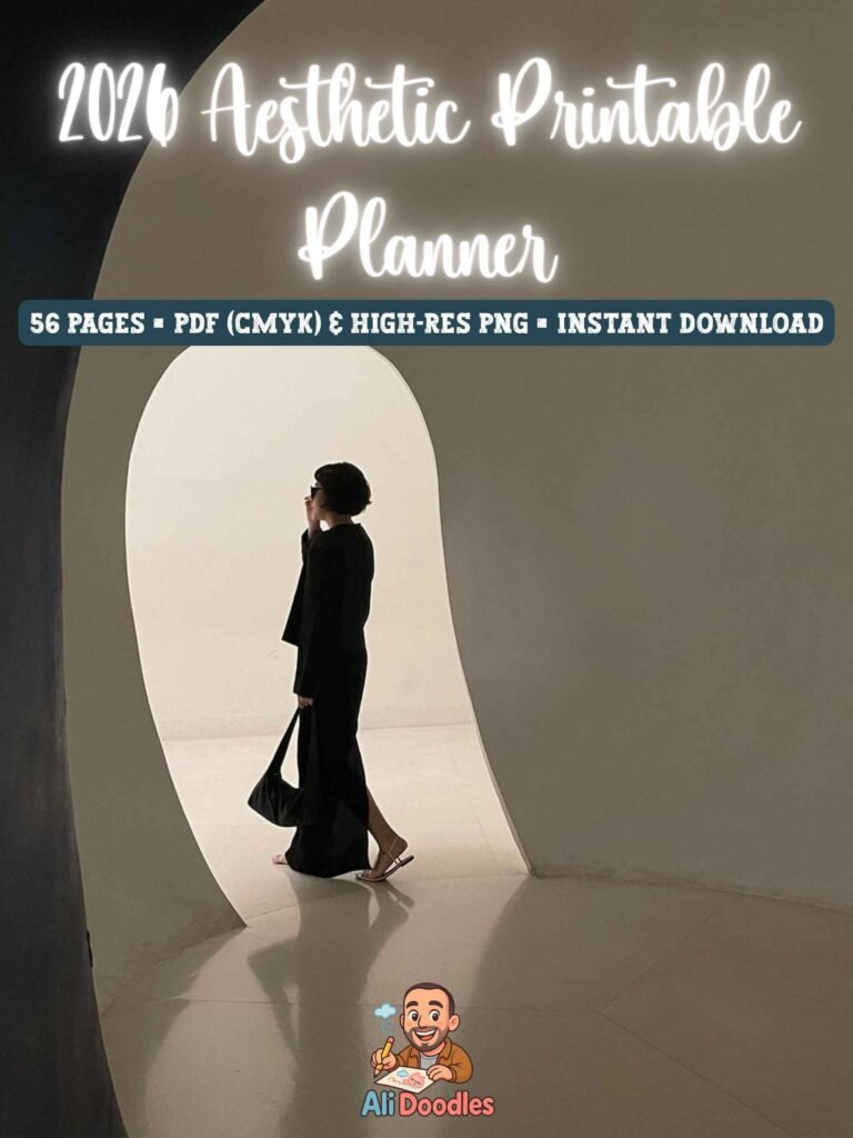 Minimalist lifestyle scene showing a person walking through an archway, overlaid text “2026 Aesthetic Printable Planner” and “56 Pages • PDF (CMYK) & High-Res PNG • Instant Download,” with Ali Doodles logo at bottom.